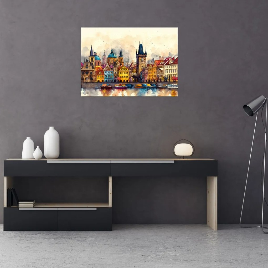 Üveg kép - Ősz a festett városban (70x50 cm)