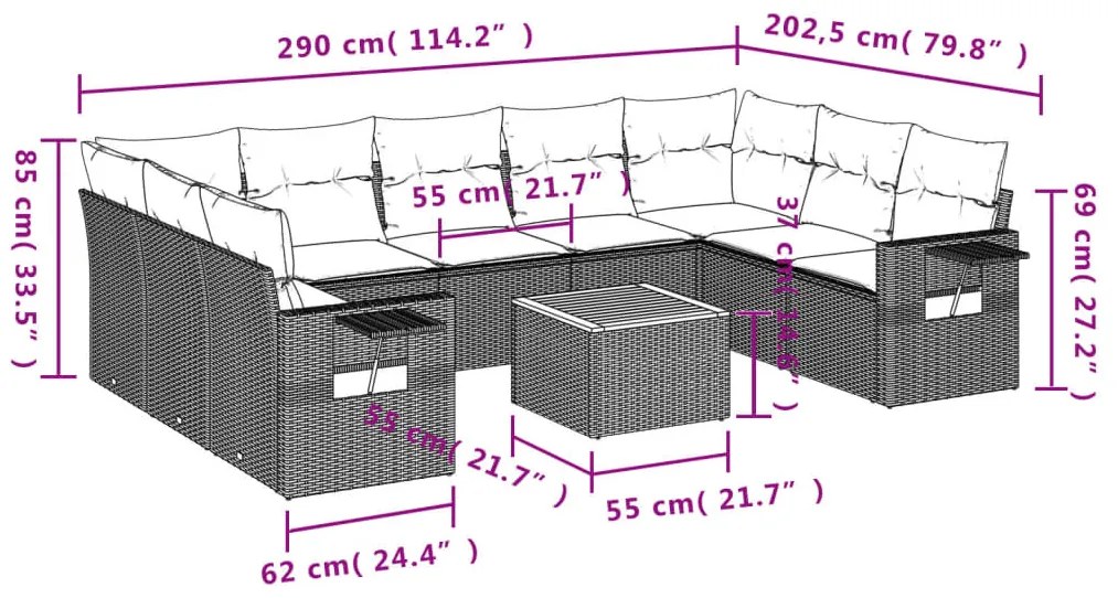 10 részes fekete polyrattan kerti ülőgarnitúra párnákkal