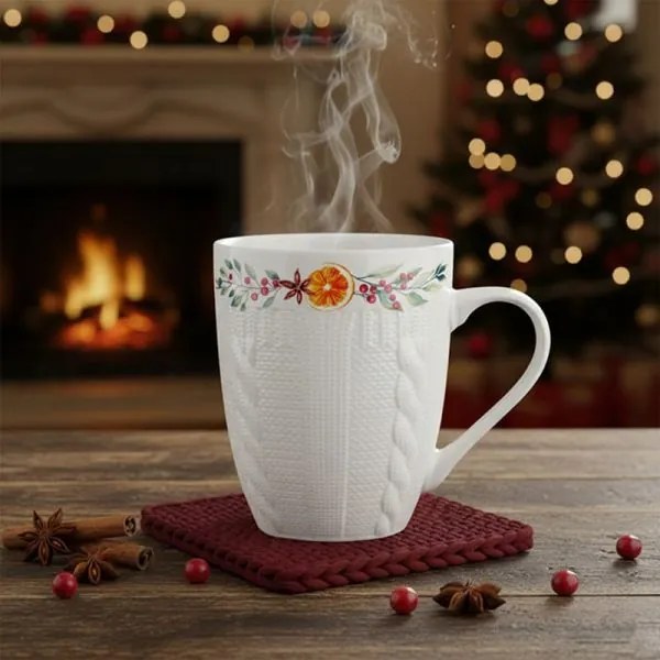Karácsonyi porcelán bögre 330 ml - kötött hatású narancs mintás