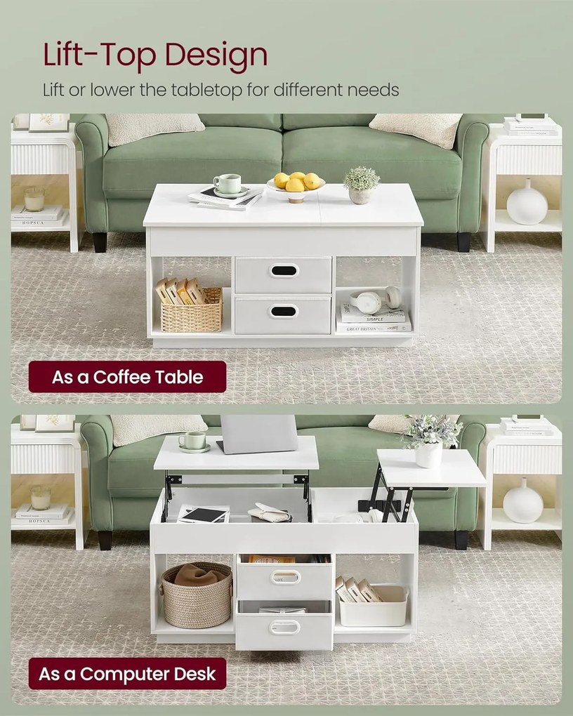 Dohányzóasztal, felemelhető asztallapos dohányzóasztal 2 fiókkal és rejtett rekesszel, 50x100x48 cm fehér