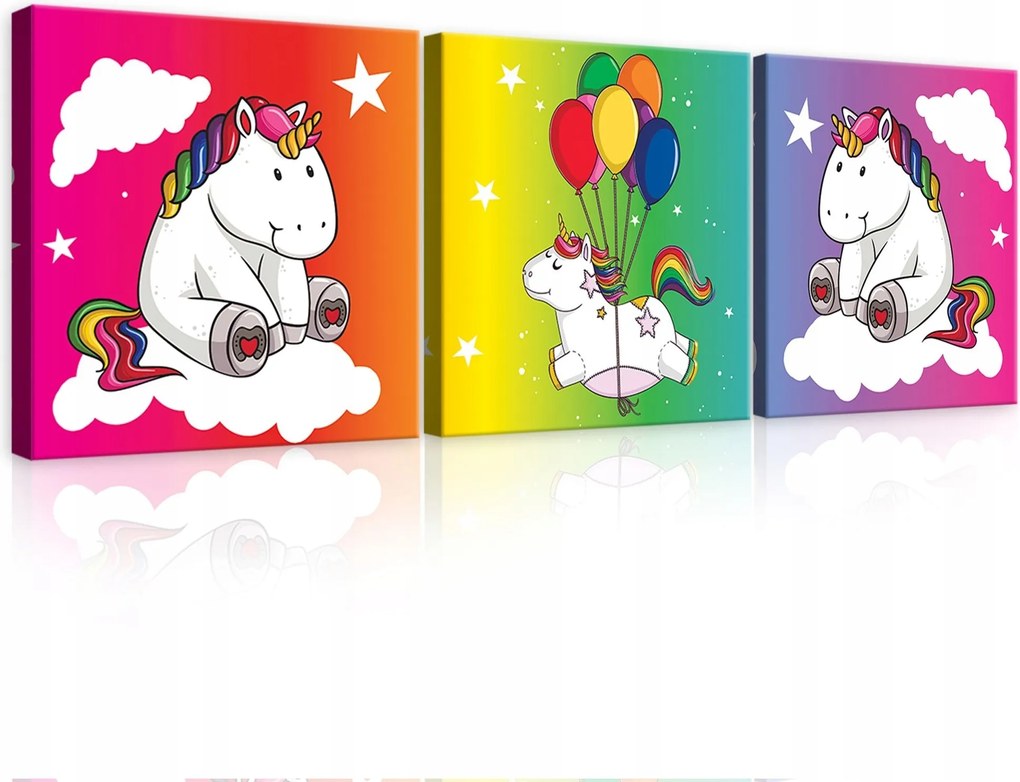 Vászonkép 75x25 Unikornis felhők lufi csillagok szivárvány mágia gyermekkor álom