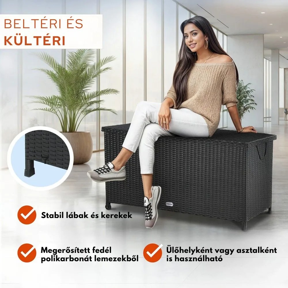 RICCO polyrattan tárolódoboz, 117 x 53 x 60cm, fekete Casaria