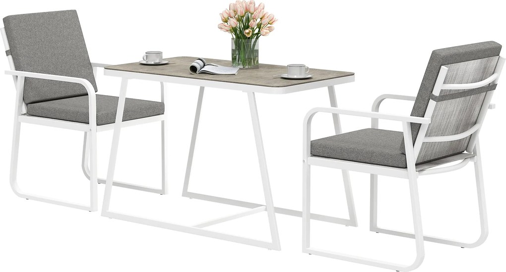Outsunny 3 darabos kert bútor szett üveg asztallal, 2 kültéri szék karfával és mosható párnákkal, acél és Textilene bútor szett teraszra, fehér | Aoso