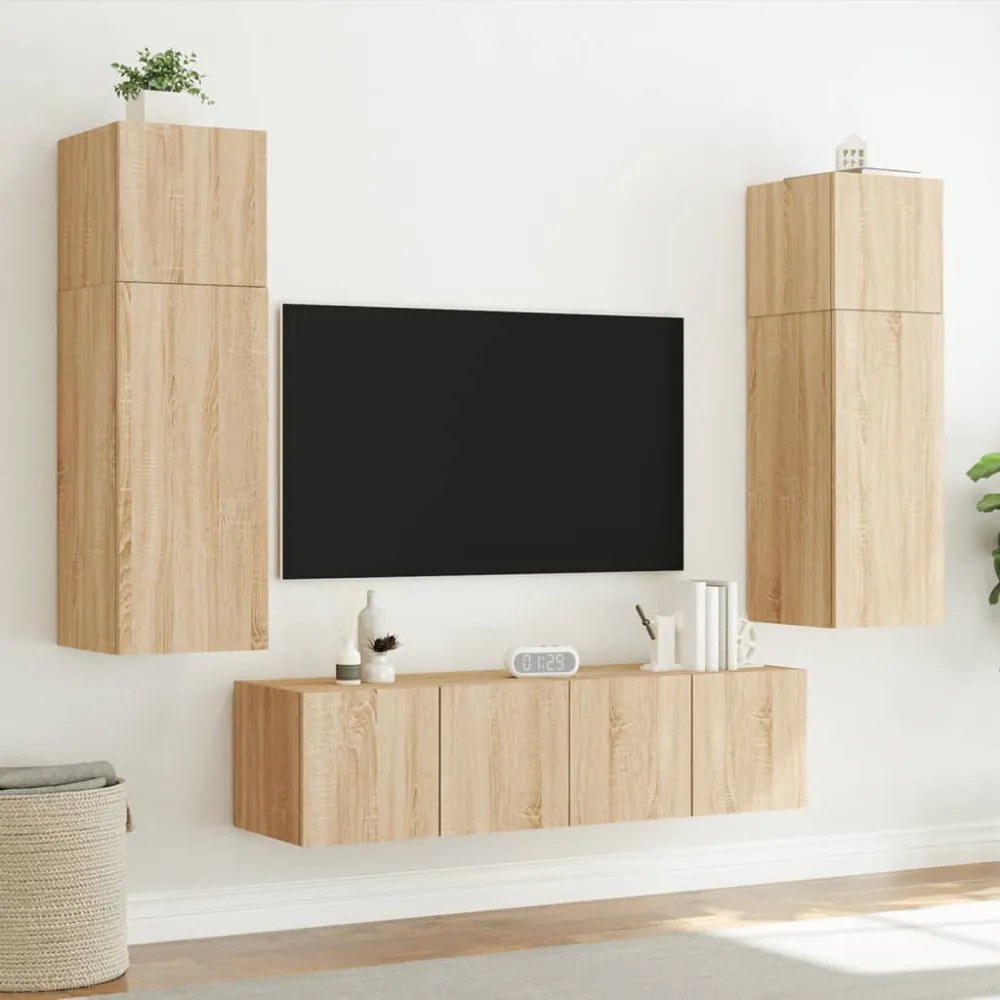 2 db sonoma tölgy színű fali TV-szekrény LED-del 80x35x31 cm