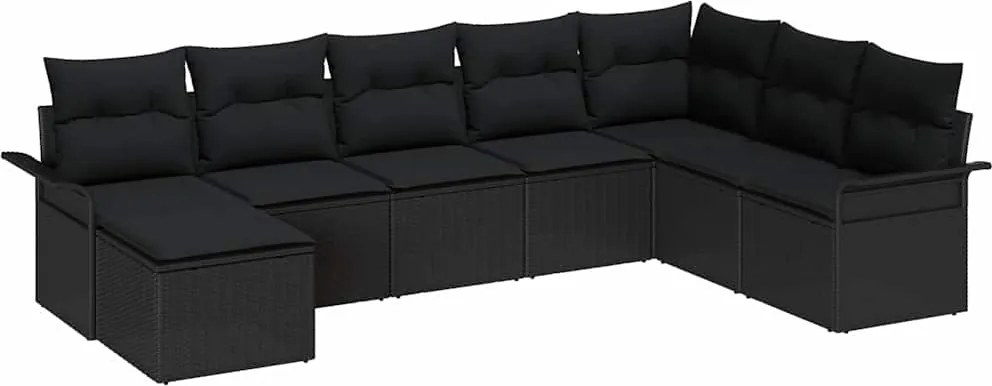 vidaXL Kerti Kanapé Szett párnával tárolóval 8 pcs Fekete Poli rattan