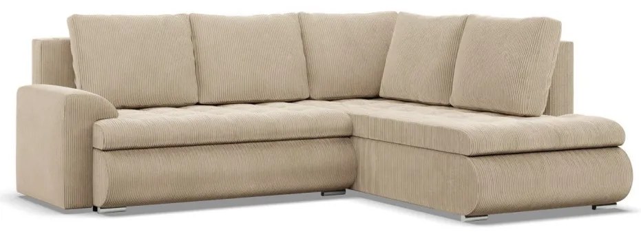 Tokio sarokkanapé, L alakú háttámlával, 2 ágyneműtartóval, kordbársony, jobboldali, bézs