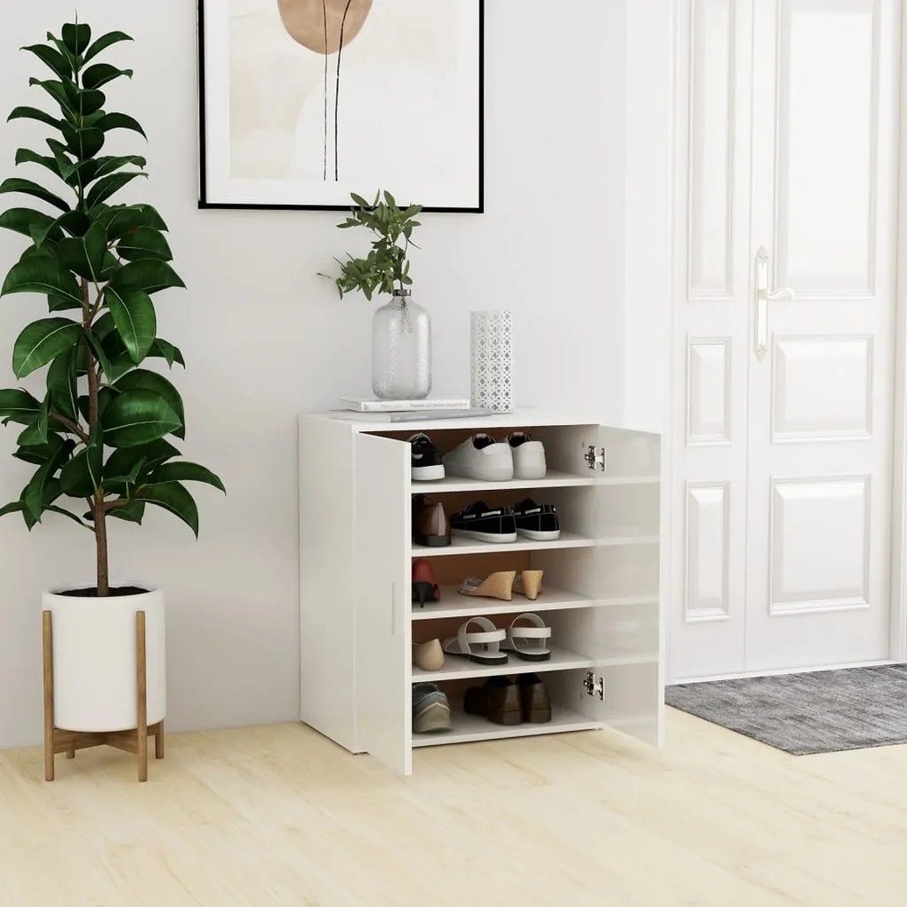 magasfényű fehér szerelt fa cipősszekrény 60 x 35 x 70 cm