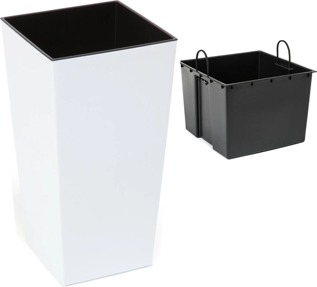 Magas, fényes fehér virágcserép betéttel, 26 cm magas