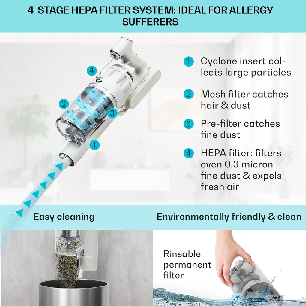 Klarstein LARMA, porszívó, vezeték nélküli, zsák nélküli, maximális üzemidő 45 perc, LED