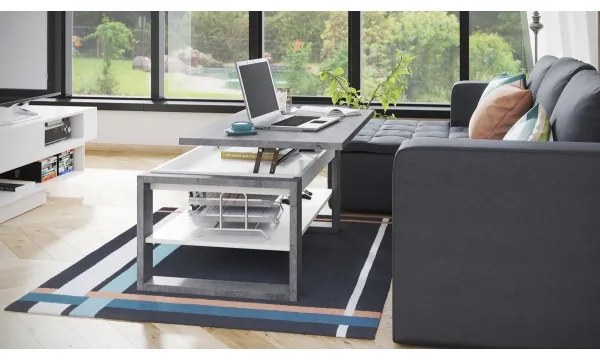 NEA dohányzóasztal emelhető asztallappal és polccal, beton szürke/fehér