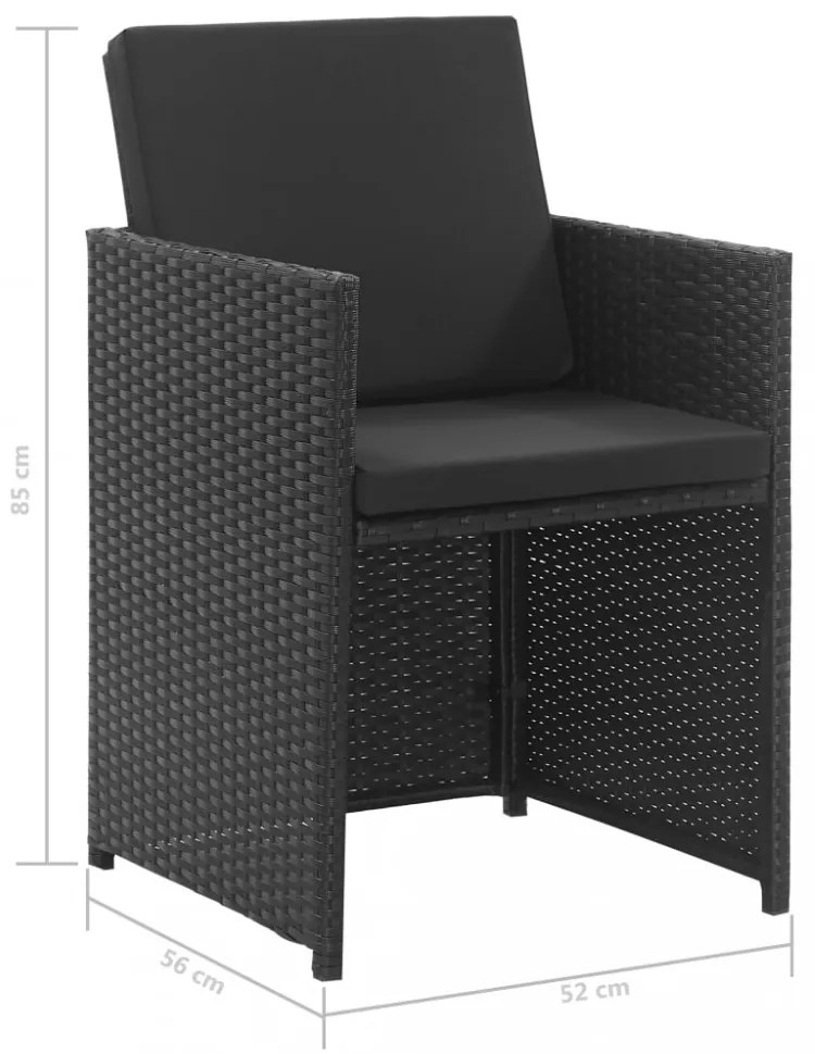 3-részes fekete polyrattan kültéri étkezőszett párnákkal