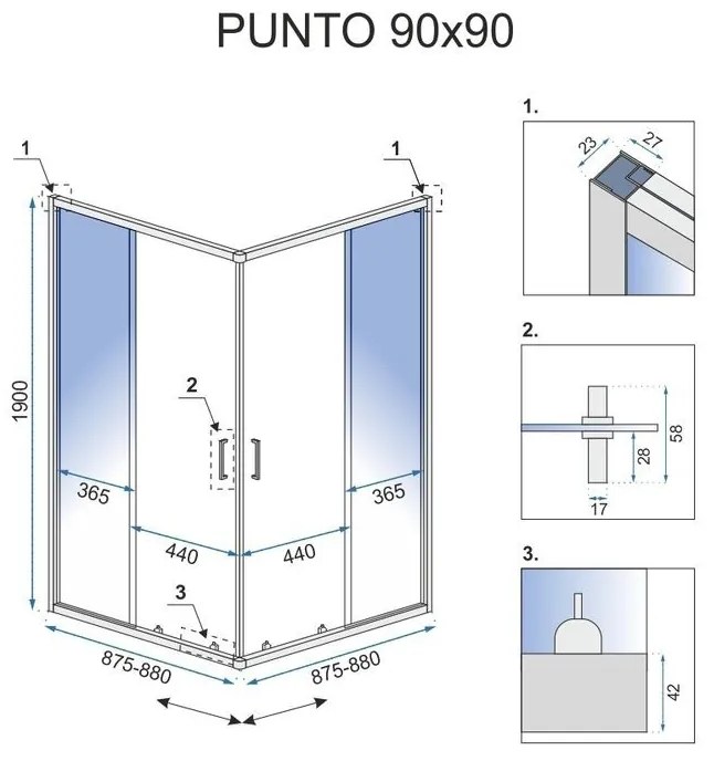 Rea Punto, zuhanykabin tolóajtóval 90 (ajtó) x 90 (ajtó) x 190 cm, 5mm átlátszó üveg, arany fényes profil + fehér Savoy zuhanytálca, KPL-K6440