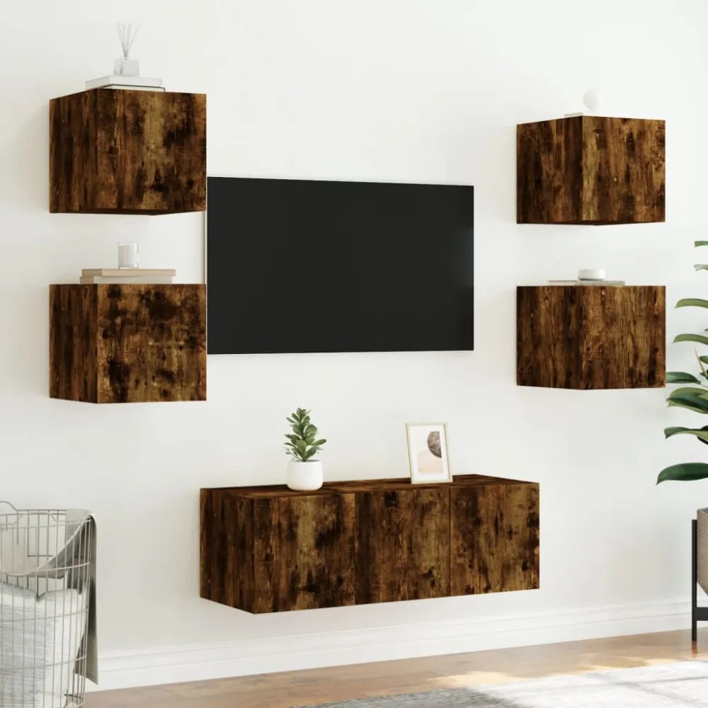2 db füstös tölgy fali TV-szekrény LED-ekkel 30,5x35x30 cm