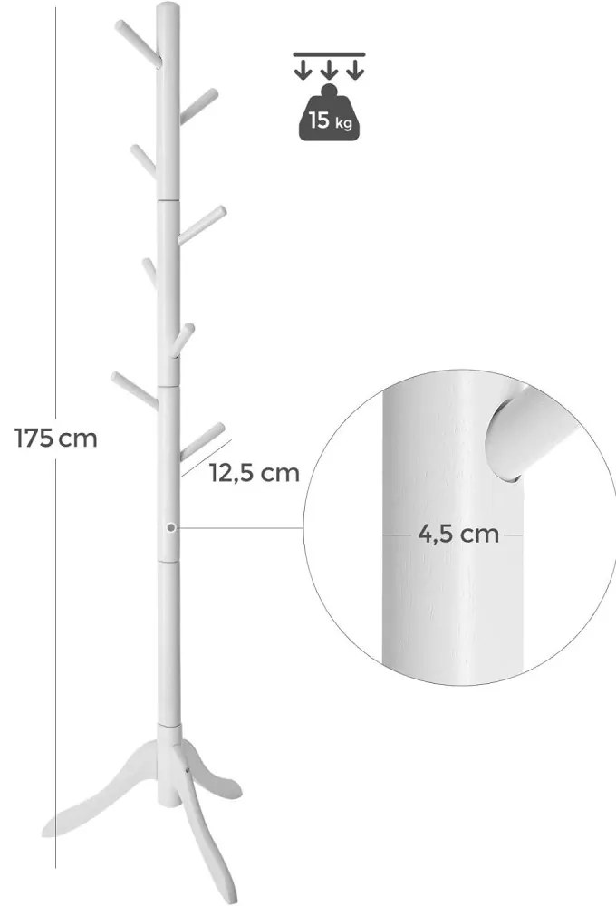 Álló ruhafogas fa 8 akasztóval, ívelt lábakkal, fehér