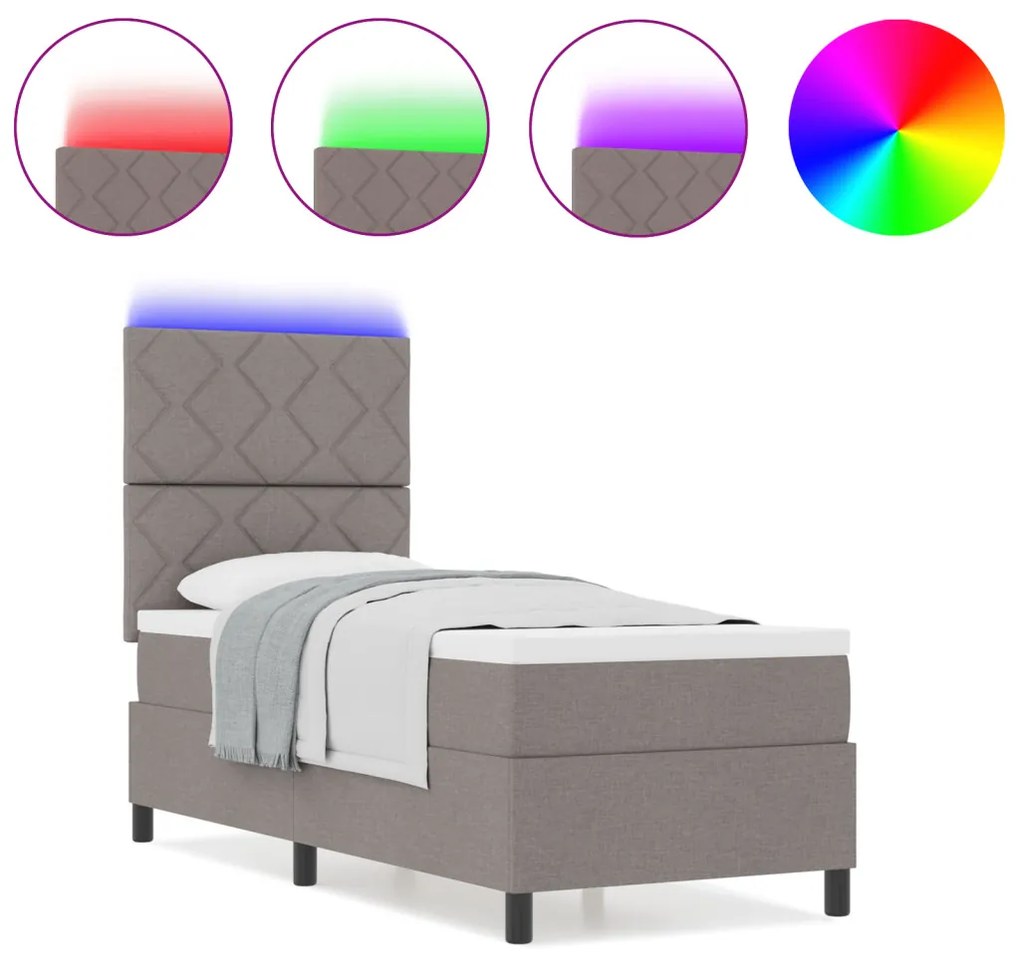 Rugós ágy matraccal és LED világítással taupe, 80 x 200 cm, szövet
