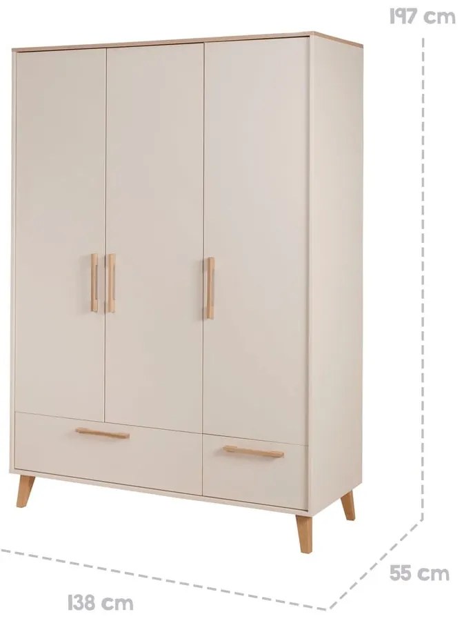 Krémszínű-natúr színű gyerek ruhásszekrény tölgyfa dekorral 138x200x55 cm Jil – Roba