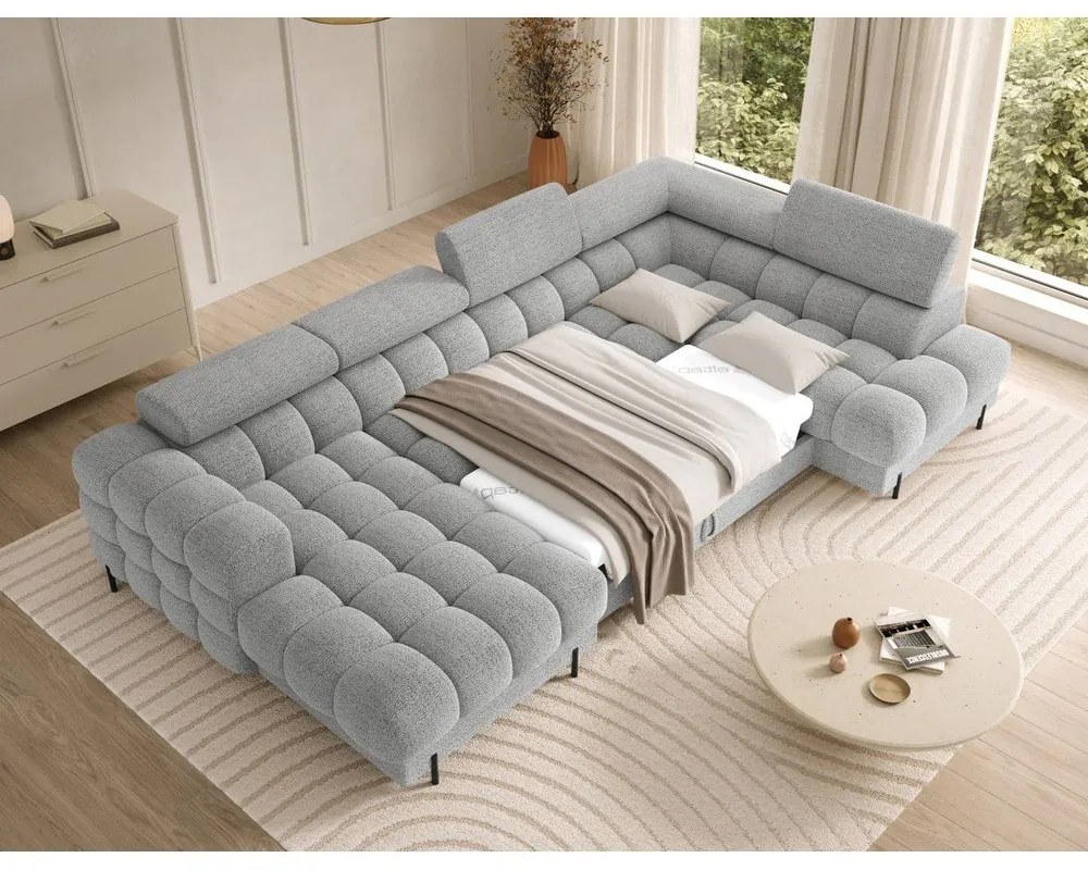 Szürke buklé kinyitható sarokkanapé (jobb oldali-U alakú) Feraria – ELTAP