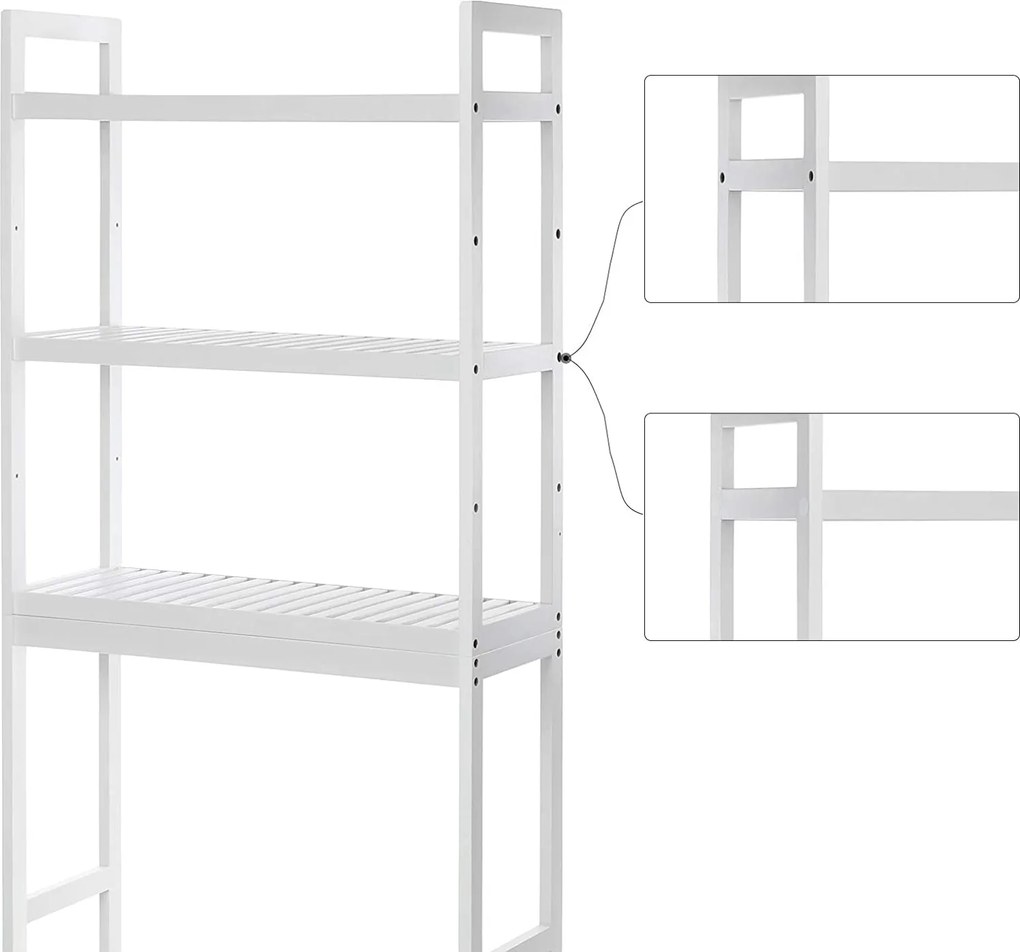 Mosógép feletti tárolószekrény, bambusz fürdőszoba szekrény, fehér 63x26x163cm