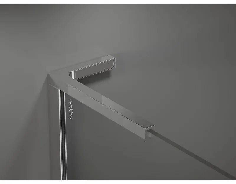 Mexen Kioto+ L, Walk-In zuhany paraván polccal és akasztóval 120 x 200 cm, 8 mm átlátszó üveg fekete mintás, króm profil, 800-120-123-01-70