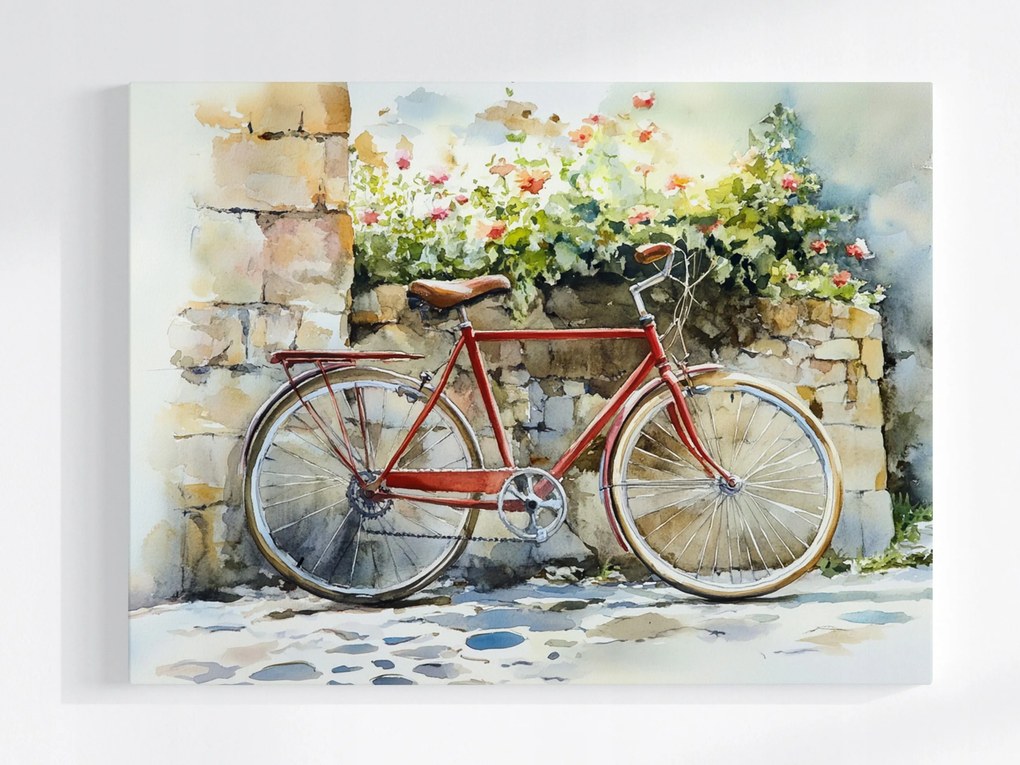 Vászonkép Canvas Régi Piros Kerékpár Fal Virágok Macskakő 100x75