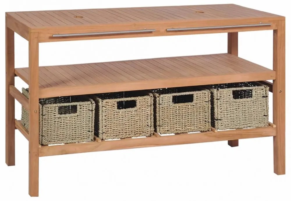 Tömör tíkfa fürdőszobai pipereszekrény 4 kosárral 132x45x75 cm