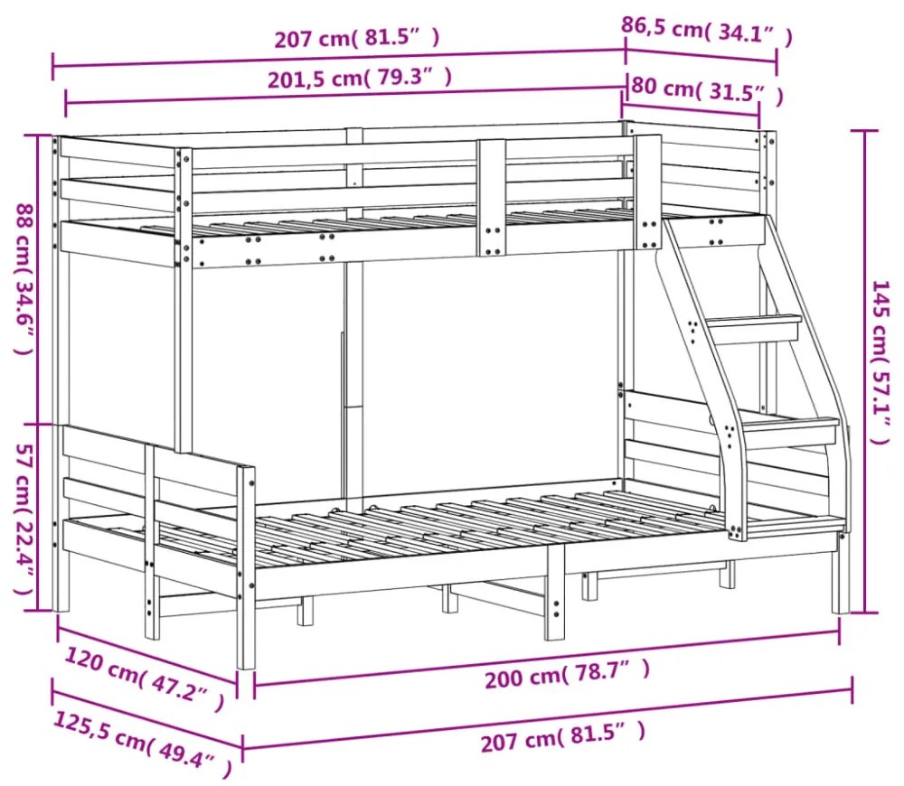 viaszbarna tömör fenyőfa emeletes ágy 80 x 200/120 x 200 cm