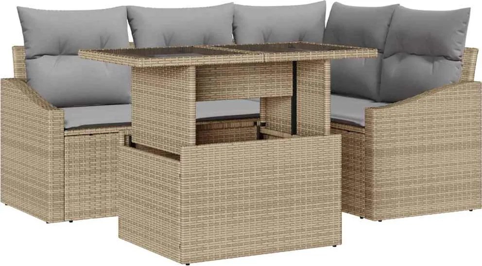vidaXL Kerti Kanapé Szett 5 pcs Beige és Világosszürke polirattan