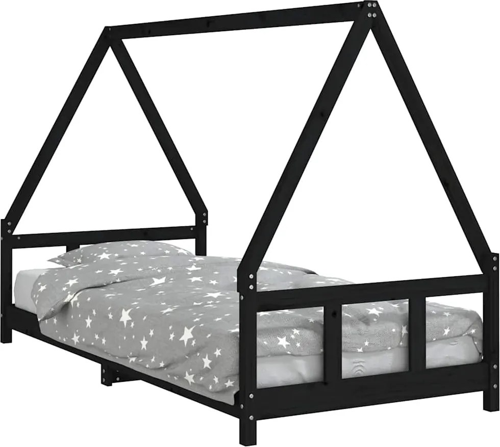 vidaXL fekete tömör fenyőfa gyerekágykeret 90 x 200 cm
