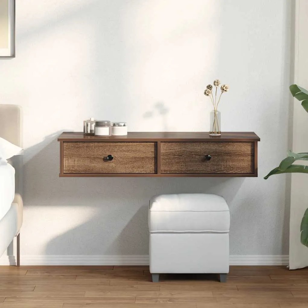 barna tölgy szerelt fa falipolc fiókokkal 100 x 37,5 x 19 cm