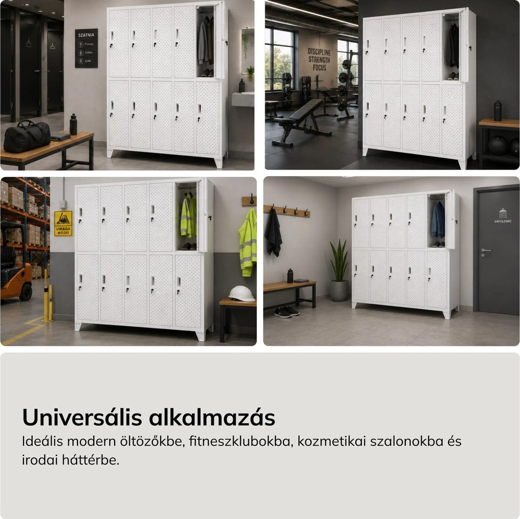 Munkaruhásszekrény, rekeszes, perforált, 10 rekesz, fehér, 1360x1720x450 mm: BARTEK PRO