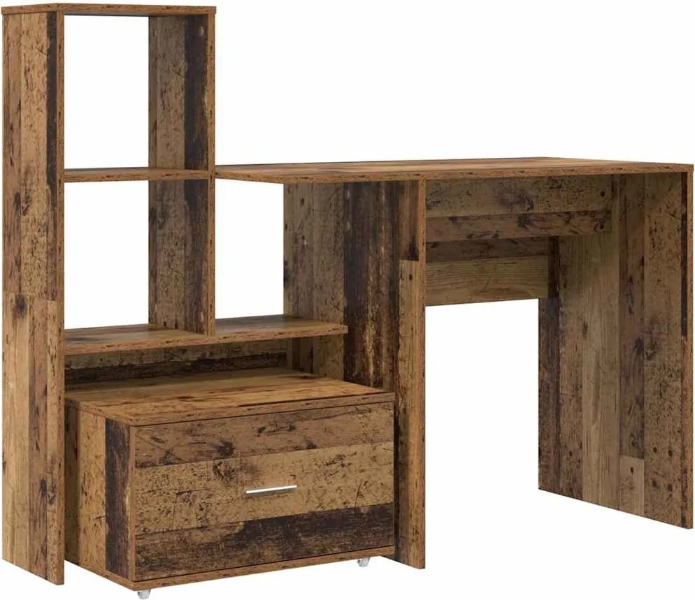 vidaXL Asztal fiókkal polcokkal Öreg fa 131,5 x 50 x 106,5 cm Faanyag