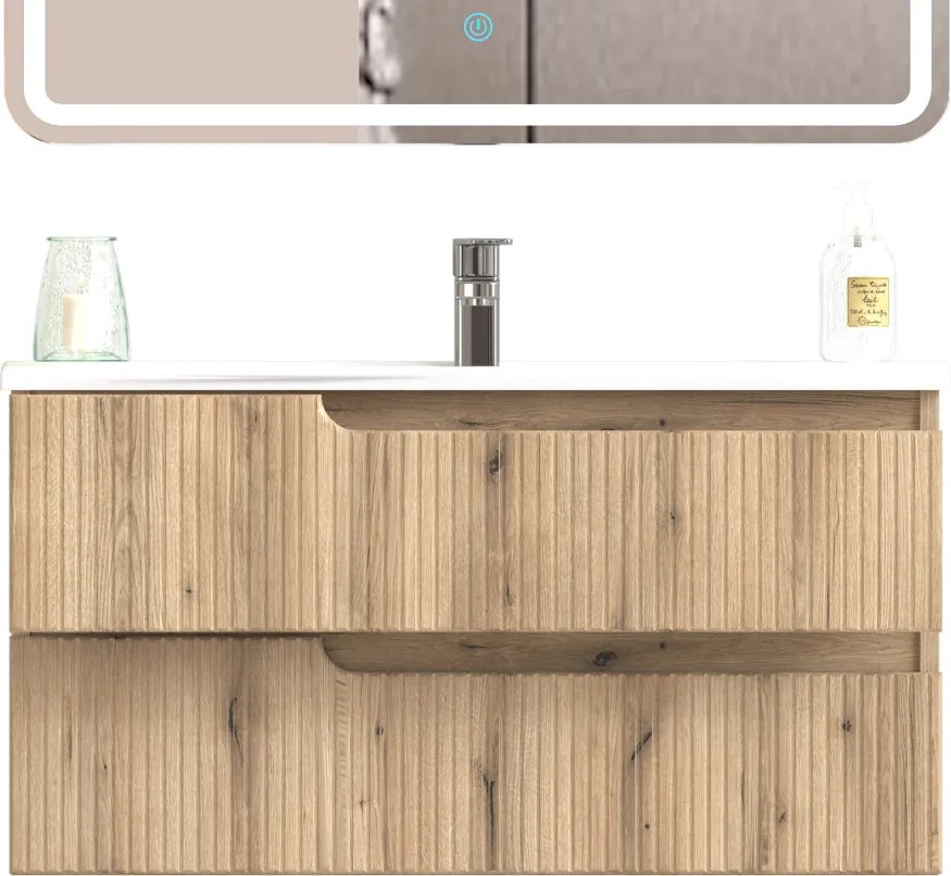 Piramida EURIDIKA fali fürdőszobabútor - műmárvány mosdóval -2 fiókos - PINO TÖLGY - 100 x 48 x 53 cm