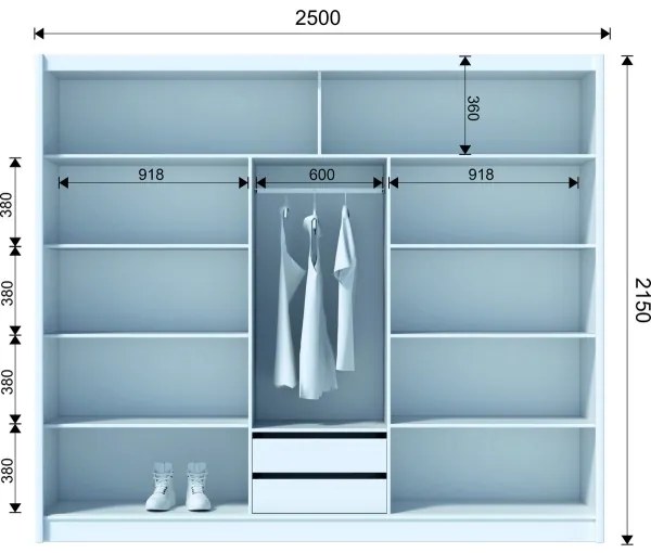 MIRO gardróbszekrény tükörrel 250x215 cm, craft tölgy/fekete