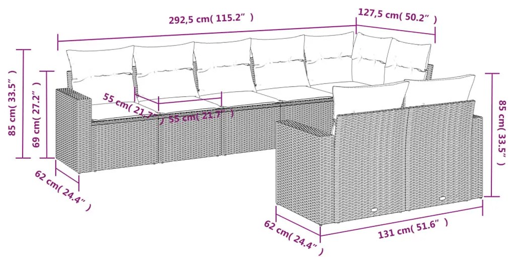 8 részes fekete polyrattan kerti ülőgarnitúra párnákkal