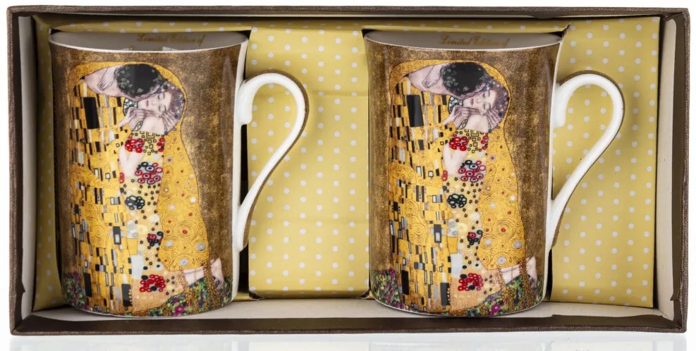 Porcelán 2db-os bögre szett Klimt a csók festményével díszdobozban 10,5x10,5x7,5cm