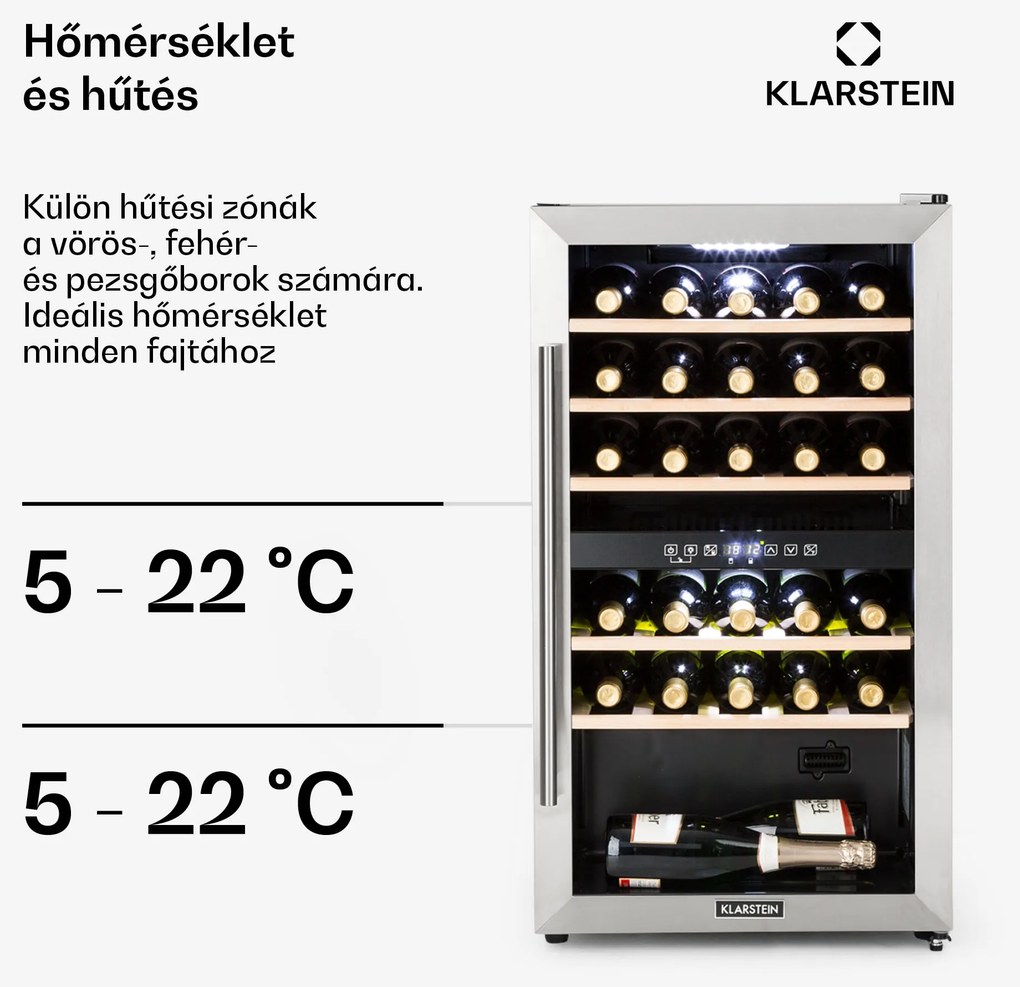 Klarstein Vinamour 29D, borhűtő, 2 zóna, 80 liter, 29 palack, 5 - 22 °C, érintésvezérlés