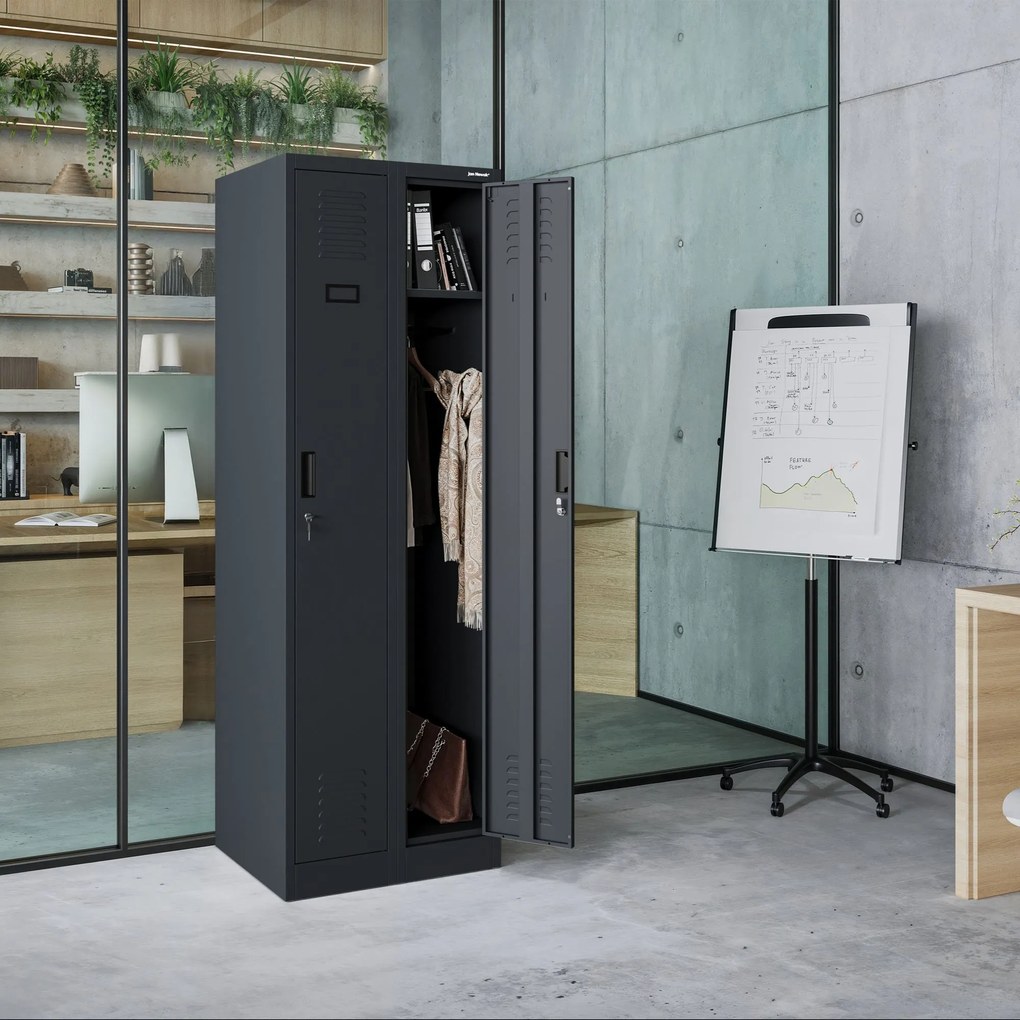Pléh öltözőszekrény talpazaton, négymodulos, polcokkal KACPER II, 600 x 1800 x 500 mm, antracit