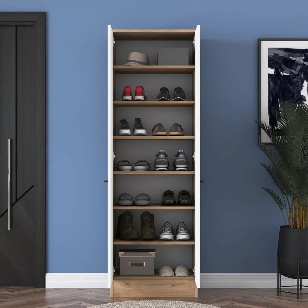Fehér-natúr színű ruhásszekrény diófa dekorral 60x183 cm Theresa – Kalune Design