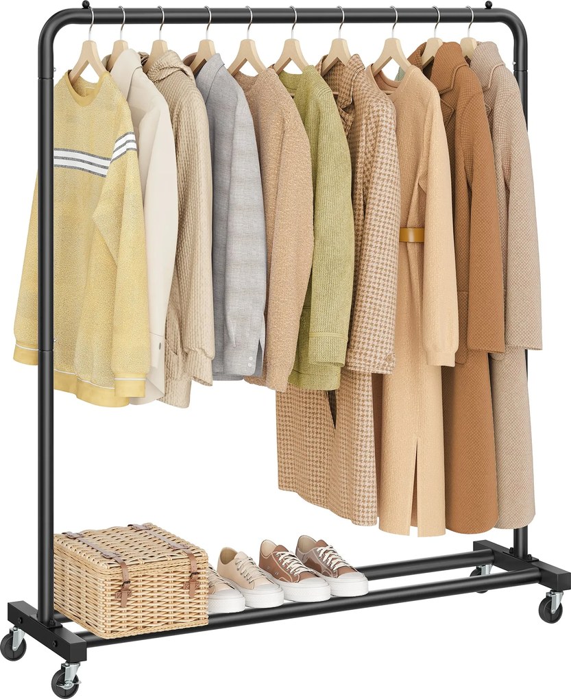 Ruhaszárító kocsi, gurulós ruhatartó, 2 zárható kerékkel, tintafekete