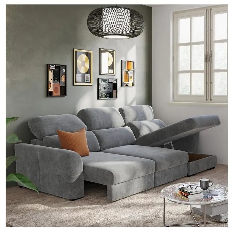 Univerzális ággyá nyitható háromszemélyes sarokkanapé tárolóval TRENTO szürke