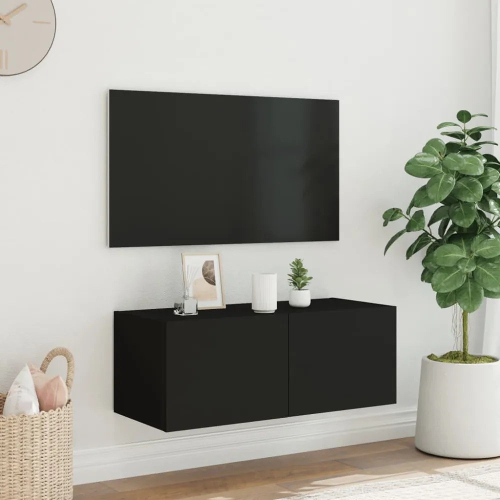 fekete fali TV-szekrény LED-világítással 80x35x31 cm