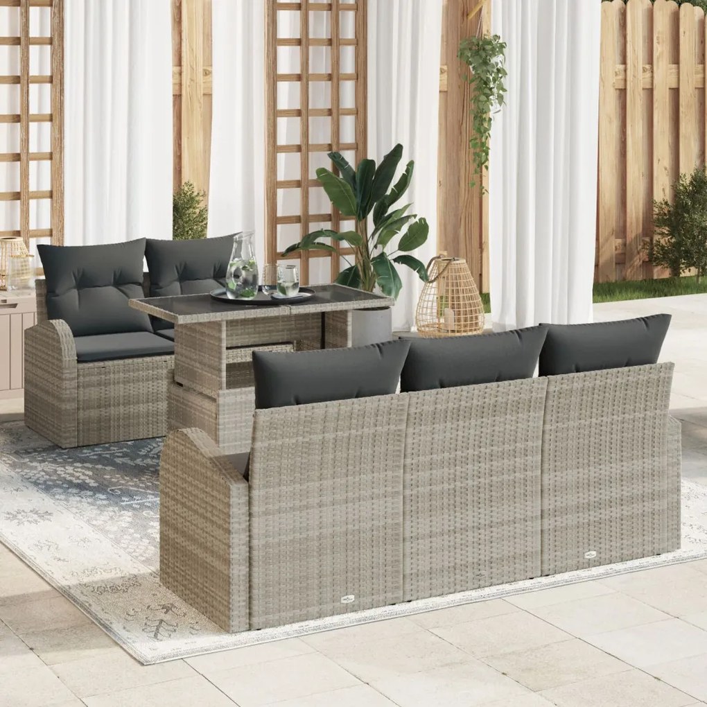 6 darabos kerti kanapé szett párnákkal Világosszürke Poly Rattan, 2 személyes kerti kanapé tárolóval és párnákkal Világosszürke Poly Rattan