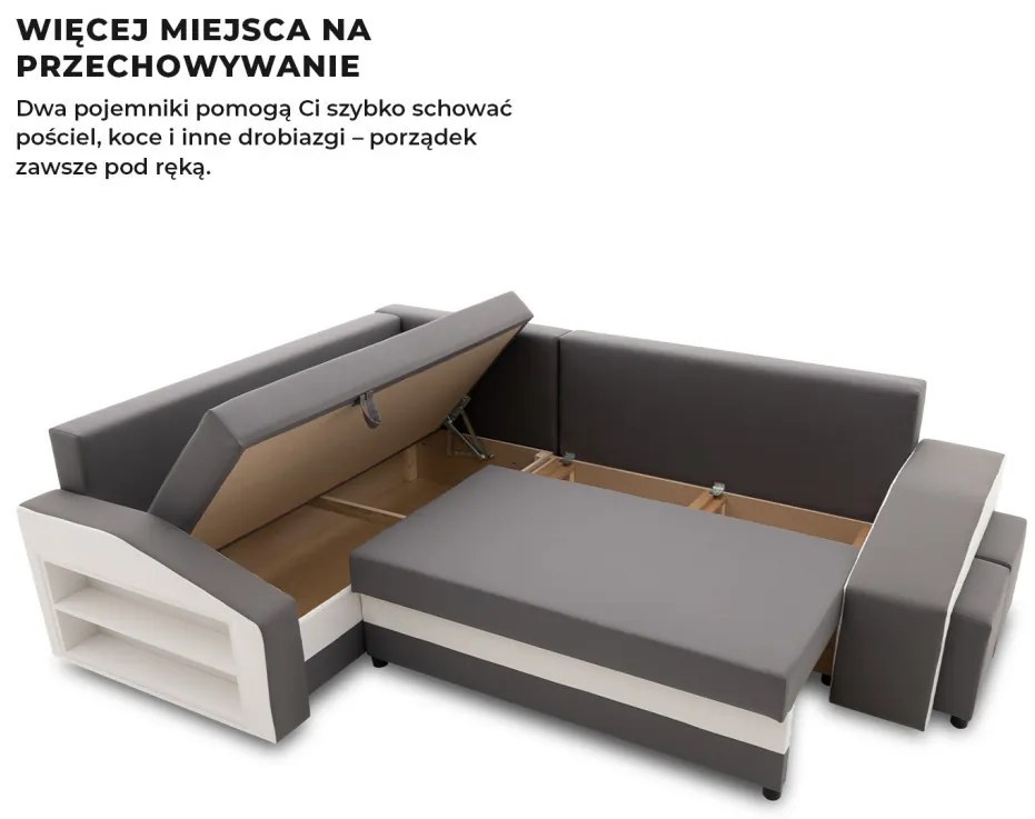 Grande sarokkanapé polcokkal és puffokkal , polc a bal karfaban puffok a jobb karfaban, baloldali, szövet anyag, bonell töltet, szürke - fehér