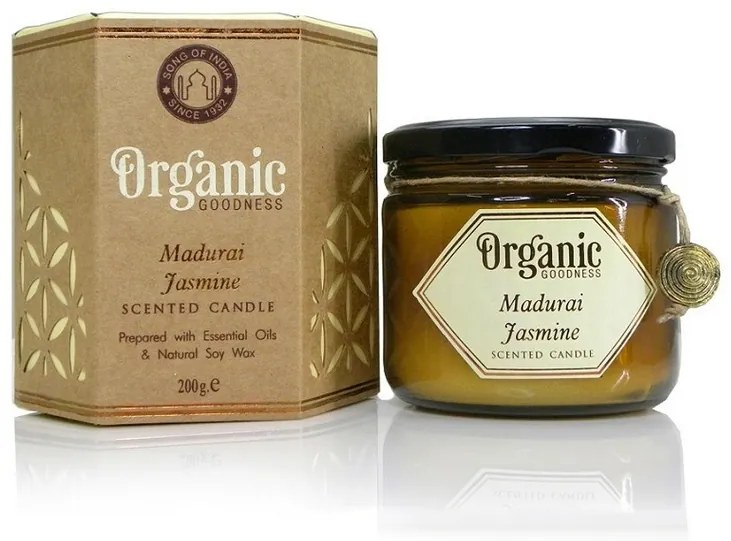 Organikus gyertya Madurai Jasmine 200 gborostyánszínű üvegben
