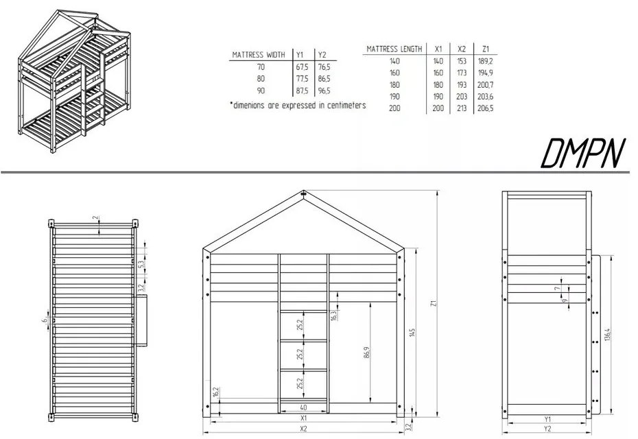 Natúr színű házikó alakú-emeletes gyerekágy ágyráccsal 90x200 cm DMPN – Adeko