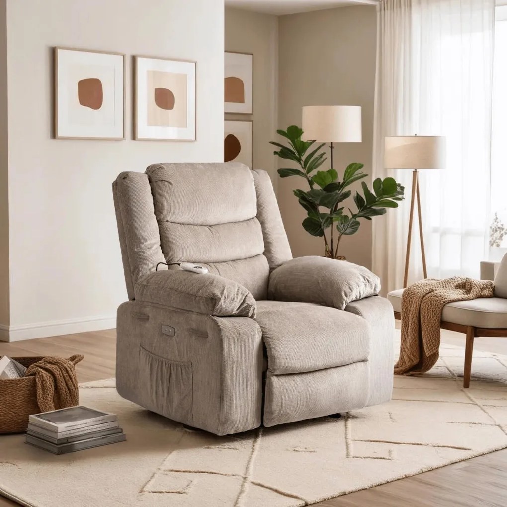 Elektromosan Vezérelhető Masszázsfunkciós Relaxfotel Bézs Kordbársony Kárpittal. JASPER