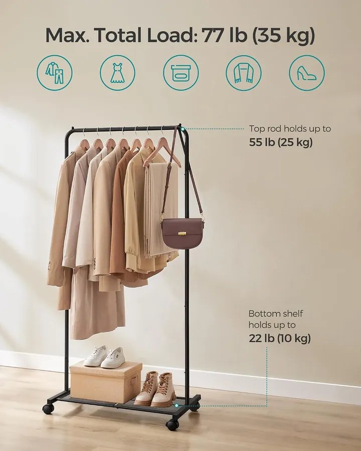 SONGMICS Görgethető Acél Ruhatartó Állvány, PATAYE, 74 cm, Fekete
