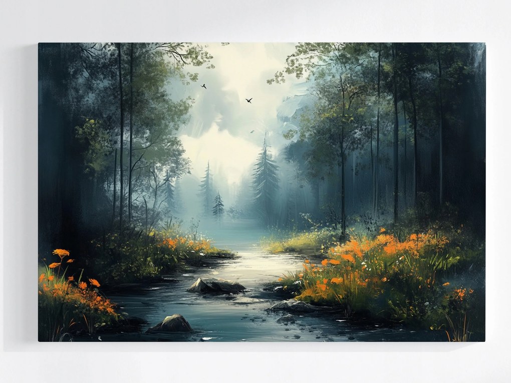 Poszter Természet Tájkép Erdő Folyó Patak Virágok Köd 120x80