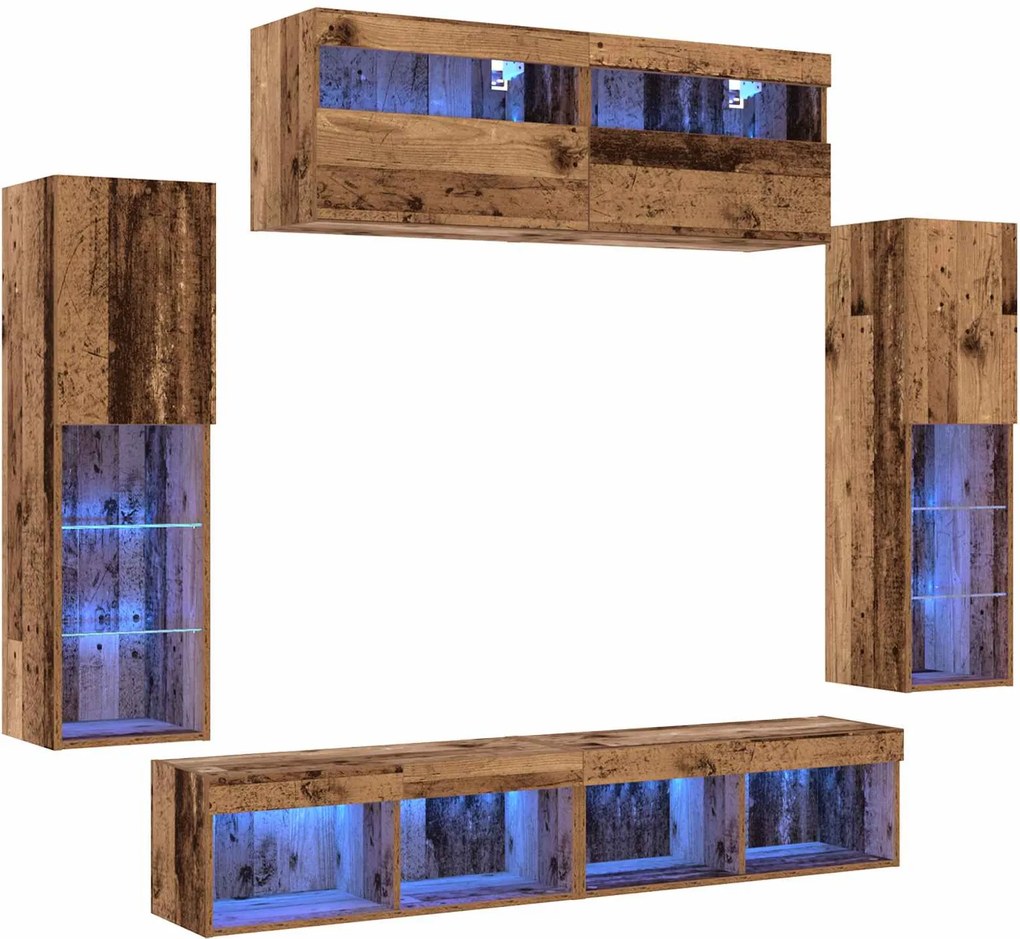 vidaXL TV szekrény garnitúra LED -es lámpákkal 6 pcs Régi fa Faanyag
