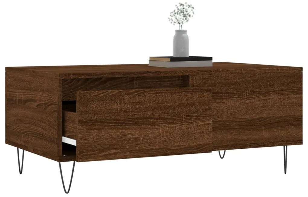 Barna tölgyszínű szerelt fa dohányzóasztal 90x50x36,5 cm
